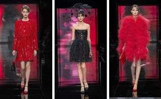 Three separate images of female catwalk models, wearing designer red and black theme short dresses, black and image graphics wall and gloss black floor