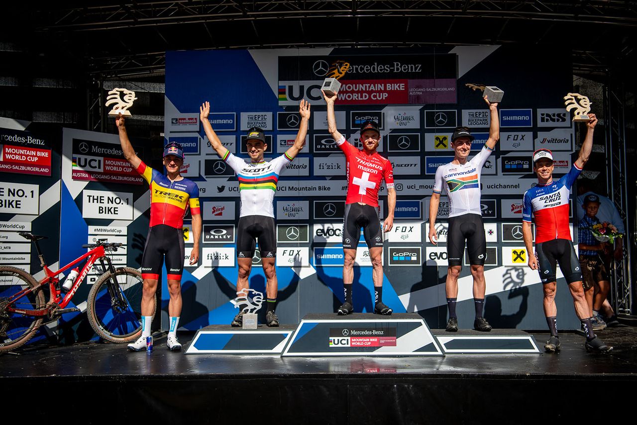 Men's XCO podium at Leogang (L to R): Vlad Dascalu, Nino Schurter, Mathias Fl&Atilde;&frac14;ckiger (winner), Alan Hatherly, Maxime Marotte,