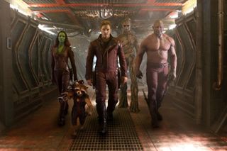 Zoe Saldana, Chris Pratt and more walk done a futuristic hallway in 'Guardians of the Galaxy'