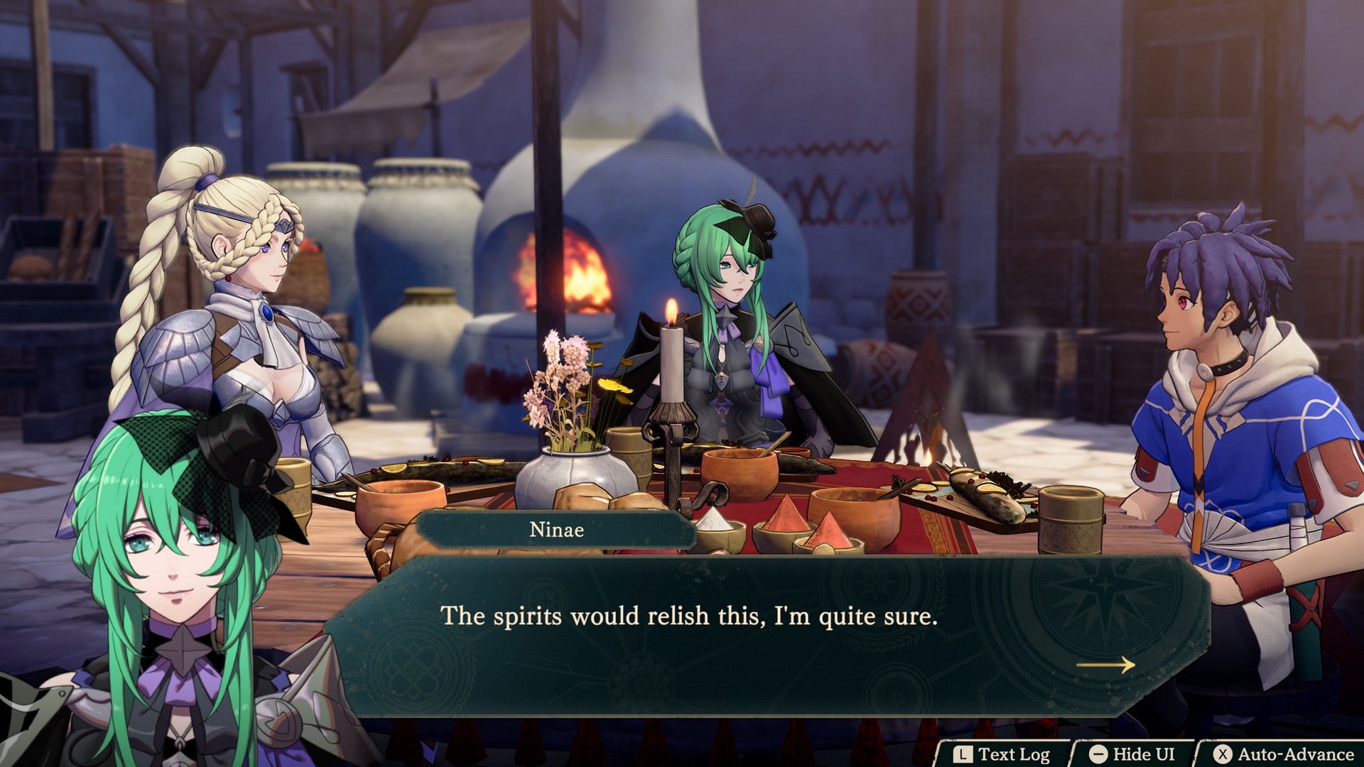 Cai eats a meal with the green-haired Ninae and a blonde woman in armor in Fire Emblem: Fortune's Weave