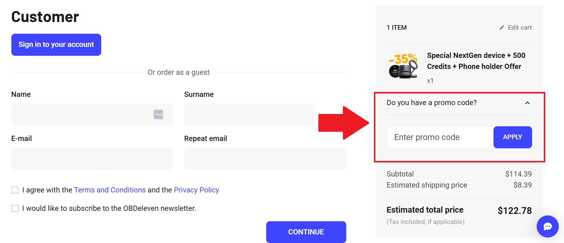 a screenshot showing the OBDeleven checkout page and where to enter a promo code