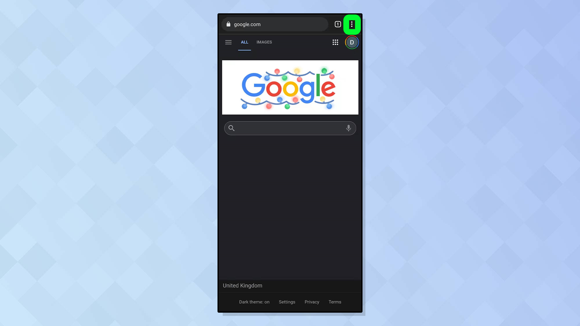 A screenshot from Android showing the Chrome browser with the three dots menu highlighted