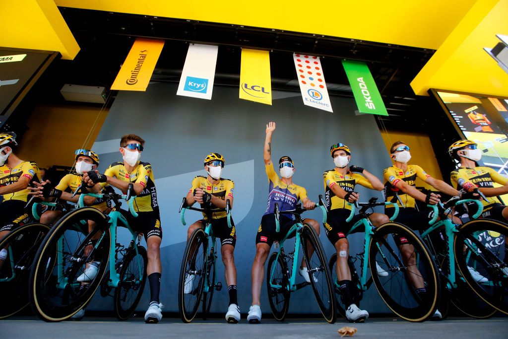 LAVAUR FRANCE SEPTEMBER 04 Start George Bennett of New Zealand Tom Dumoulin of The Netherlands Robert Gesink of The Netherlands Amund Grondahl Jansen of Norway Sepp Kuss of The United States Tony Martin of Germany Primoz Roglic of Slovenia Wout Van Aert of Belgium and Team Jumbo Visma Team Presentation during the 107th Tour de France 2020 Stage 7 a 168km stage from Millau to Lavaur TDF2020 LeTour on September 04 2020 in Lavaur France Photo by Christophe Ena PoolGetty Images