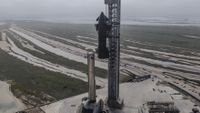 SpaceX stacks its first V3 Starship vehicle on the pad at Starbase, Texas, ahead of its debut flight. SpaceX posted this photo on X on May 19, 2026.
