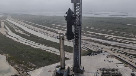 SpaceX stacks its first V3 Starship vehicle on the pad at Starbase, Texas, ahead of its debut flight. SpaceX posted this photo on X on May 19, 2026.