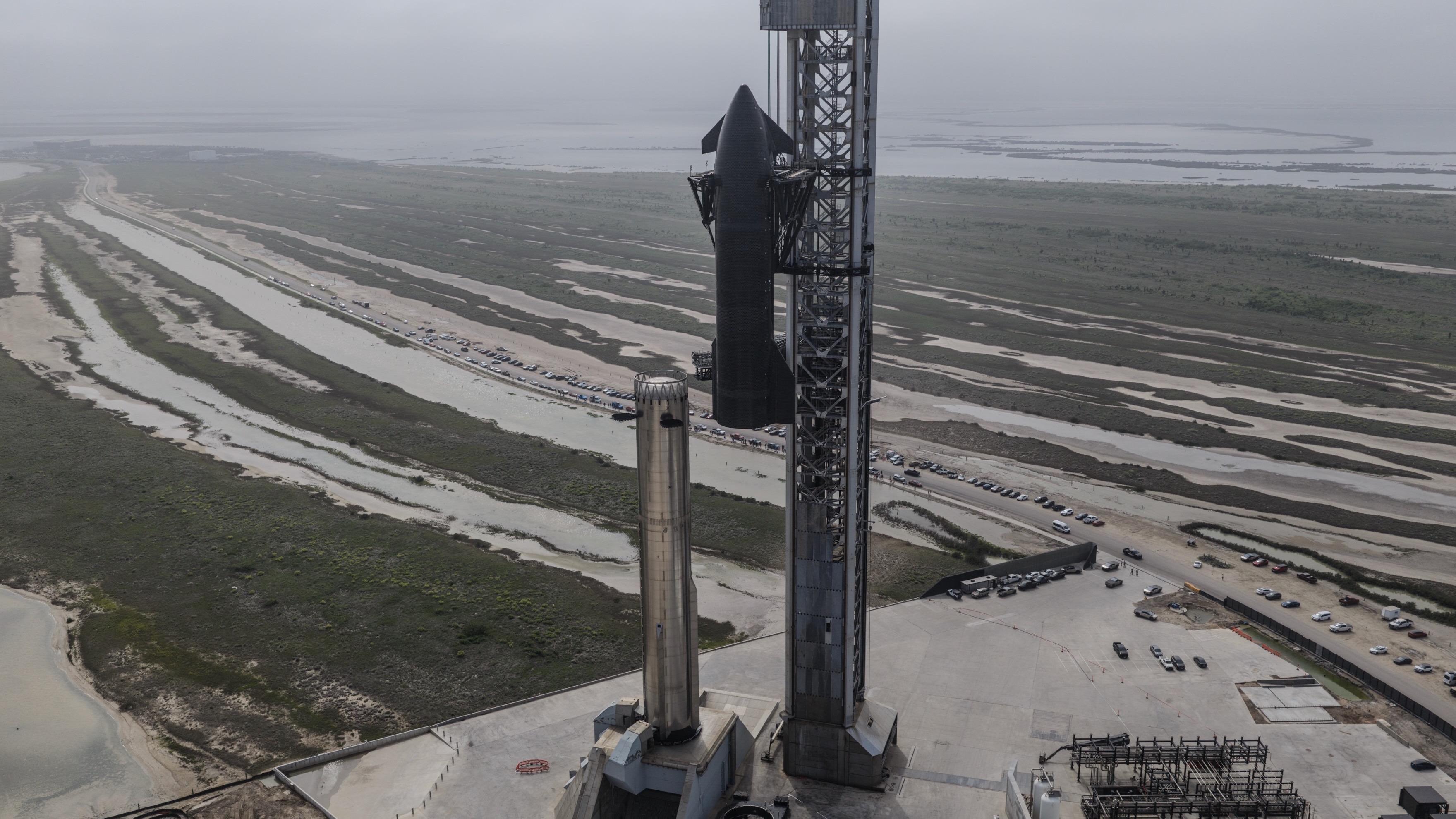 SpaceX stacks its first V3 Starship vehicle on the pad at Starbase, Texas, ahead of its debut flight. SpaceX posted this photo on X on May 19, 2026.