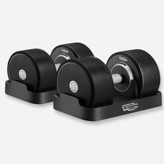 Dumbbells in cradles on light gray background