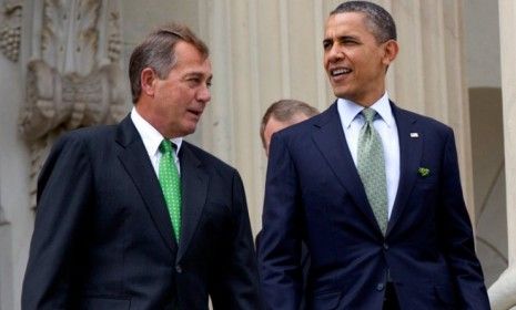 President Obama and House Speaker John Boehner make nice on St. Patrick&amp;#039;s Day in 2011: The foes will have to join forces to avoid driving the country off the so-called fiscal cliff.