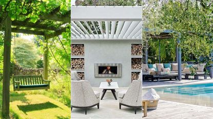 Three different pergola ideas: with swing, with fireplace, with pool