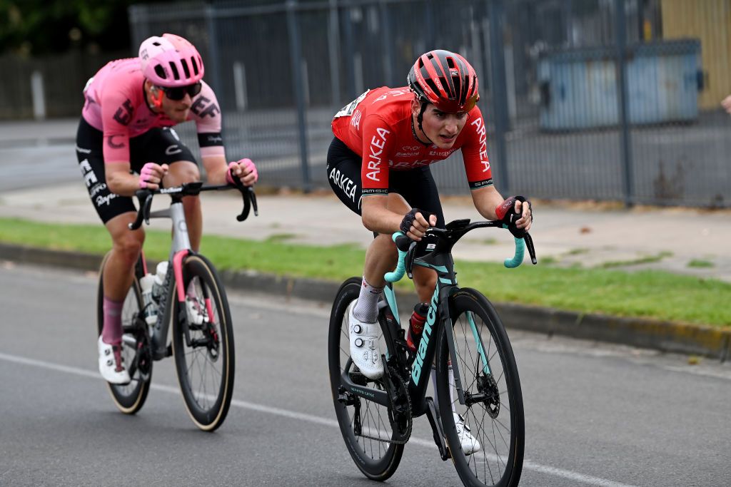 GEELONG AUSTRALIA JANUARY 29 LR Jonas Rutsch of Germany and Team EF Education Easypost and Ewen Costiou of France and Team Arkea Samsic compete in the chase groupduring the 7th Cadel Evans Great Ocean Road Race 2023 Mens Elite a 1743km one day race from Geelong to Geelong CadelRoadRace on January 29 2023 in Geelong Australia Photo by Tim de WaeleGetty Images
