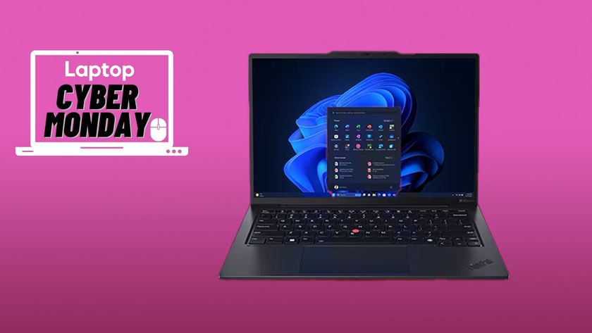 Lenovo ThinkPad X1 Carbon Gen 12 on a gradient pink background with a Cyber Monday deals badge