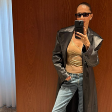 woman wearing fall denim trend 2025