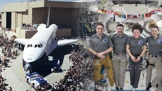 A montage of two images, one showing a black and white winged spacecraft being met by a large crowd as it is rolled out of its hangar and the other showing two women and two men floating aboard a space station.