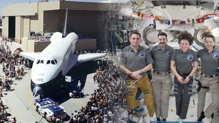 A montage of two images, one showing a black and white winged spacecraft being met by a large crowd as it is rolled out of its hangar and the other showing two women and two men floating aboard a space station.
