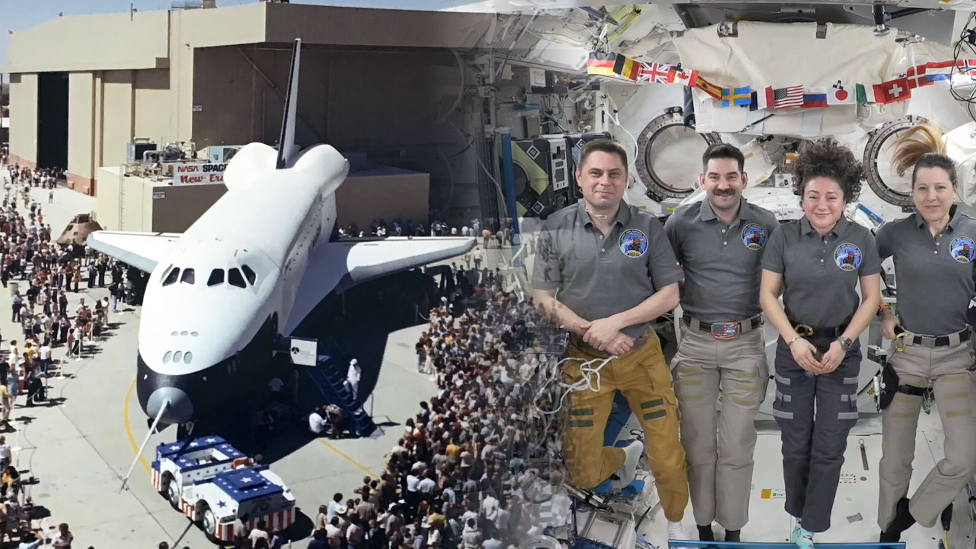 A montage of two images, one showing a black and white winged spacecraft being met by a large crowd as it is rolled out of its hangar and the other showing two women and two men floating aboard a space station.