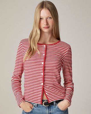 Pointelle Crewneck Cardigan in Stripe