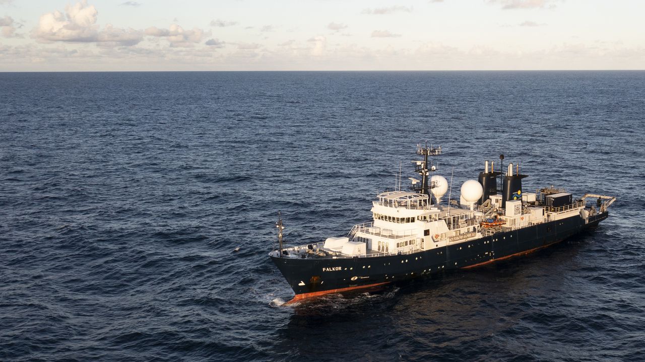A drone capture this view of the Falkor research vessel.