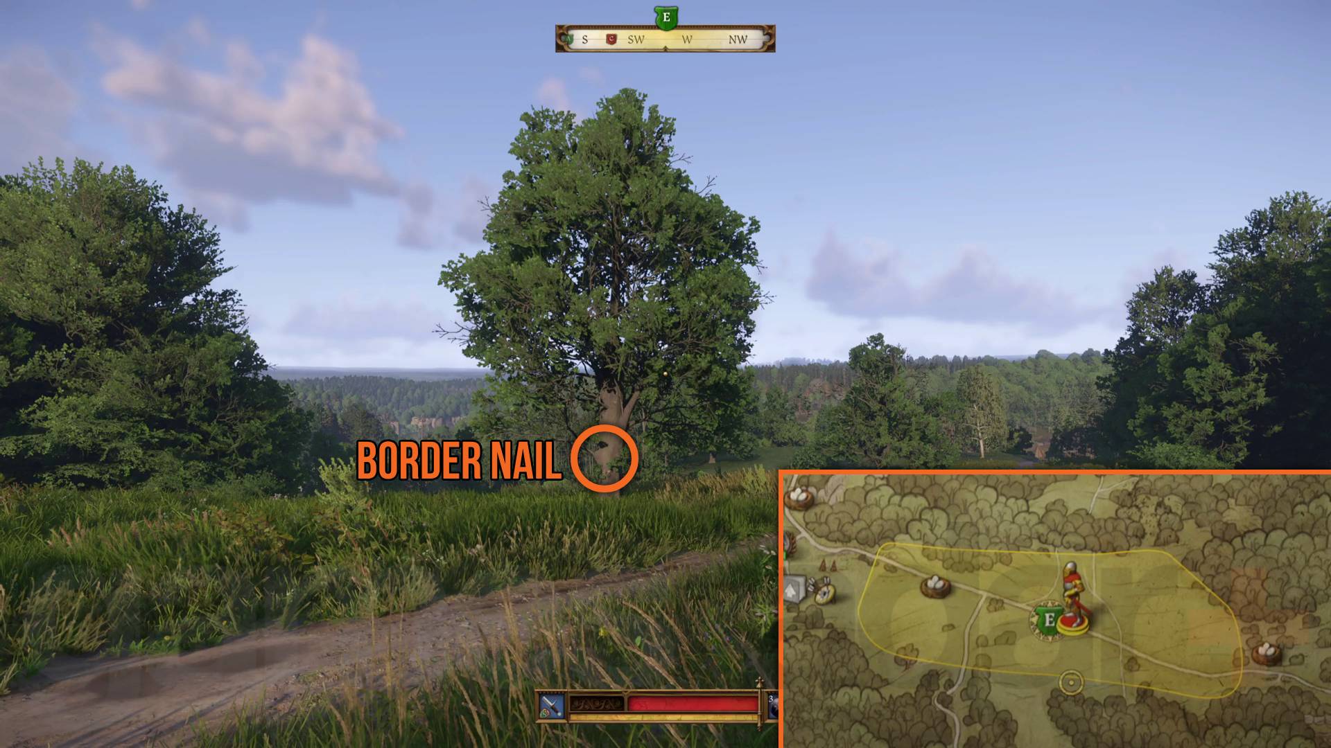 Kingdom Come Deliverance 2 Battle of the Frogs and Mice border nail marked on tree with map