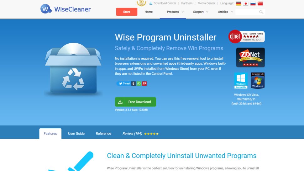 Website screenshot for Wise Program Uninstaller