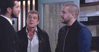 Johnny Connor and Aidan Connor burst into Adam Barlows’ office and accuse him of stealing the factory’s machi