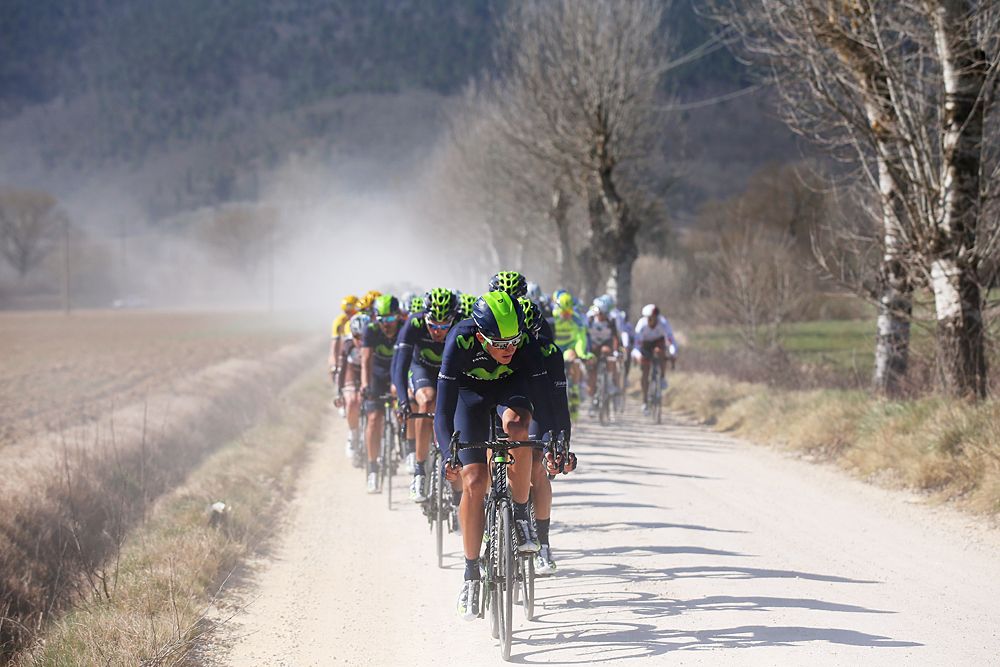 Movistar on the front of the 2015 Strade Bianche