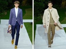 Male models wearing blue and tan suits and jackets from the Berluti SS2015 collection