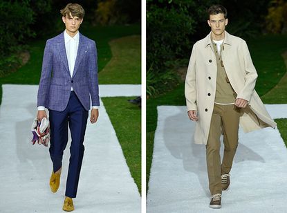 Male models wearing blue and tan suits and jackets from the Berluti SS2015 collection