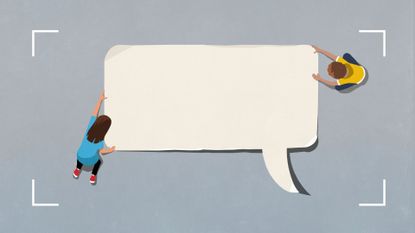 Illustration of man and woman holding speech bubble on grey background to represent how to help someone with burnout