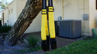 The TRX Home2 suspension trainer straps hanging from a tree ready for an outdoors workout