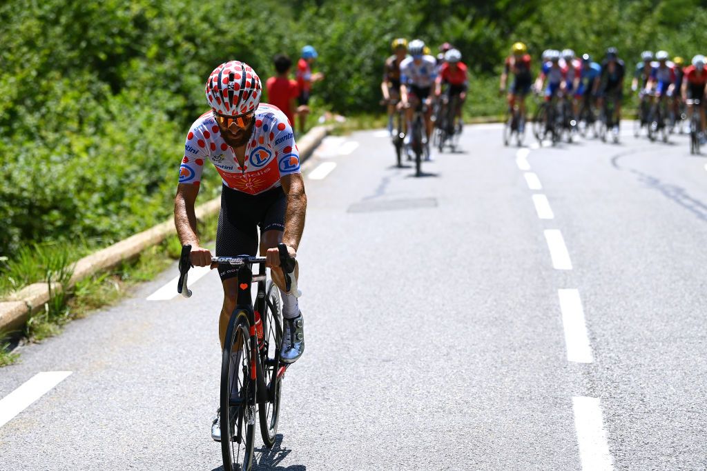 HAUTACAM FRANCE JULY 21 Simon Geschke of Germany and Team Cofidis Polka Dot Mountain Jersey attacks during the 109th Tour de France 2022 Stage 18 a 1432km stage from Lourdes to Hautacam 1520m TDF2022 WorldTour on July 21 2022 in Hautacam France Photo by Tim de WaeleGetty Images