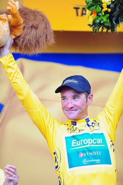 Race leader Thomas Voeckler (Europcar) on the podium.