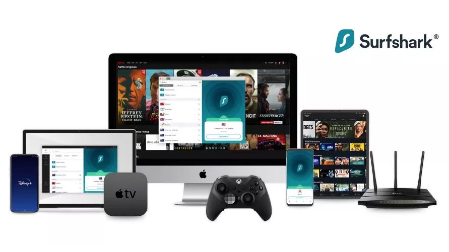 Surfshark VPN working on mutliple devices including a desktop, laptop, mobile devices, streaming devices, game console and router