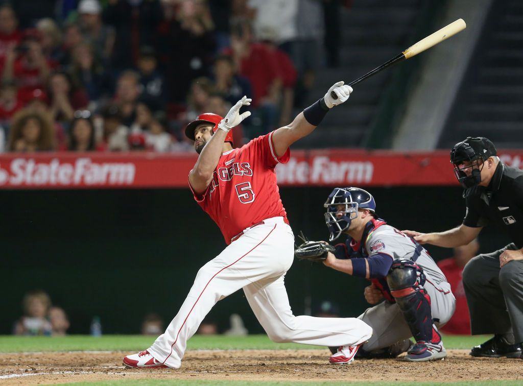 Albert Pujols #5 of the Los Angeles Angels of Anaheim hits career home run number 600