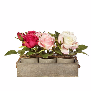 Fake Mini Roses Set, three in shades of pink and white in a wooden crate
