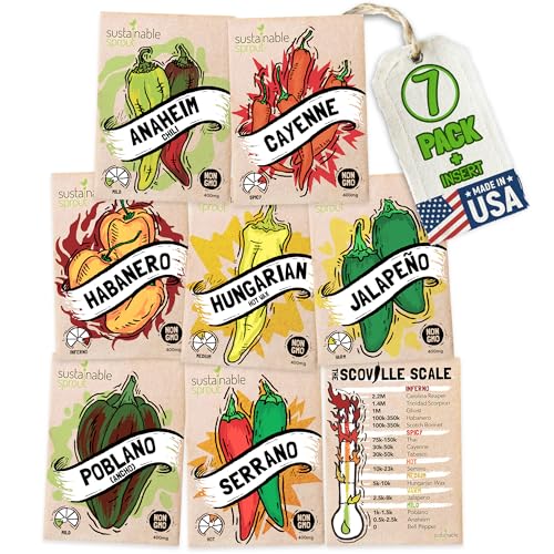 Hot Pepper Seeds for Planting - 7 Heirloom Chili Pepper Seeds Variety Packets Garden Seeds for Planting Cayenne Anaheim Hungarian Wax Pepper Habanero Serrano Poblano, &amp;amp; Jalapeno by Sustainable Sprout