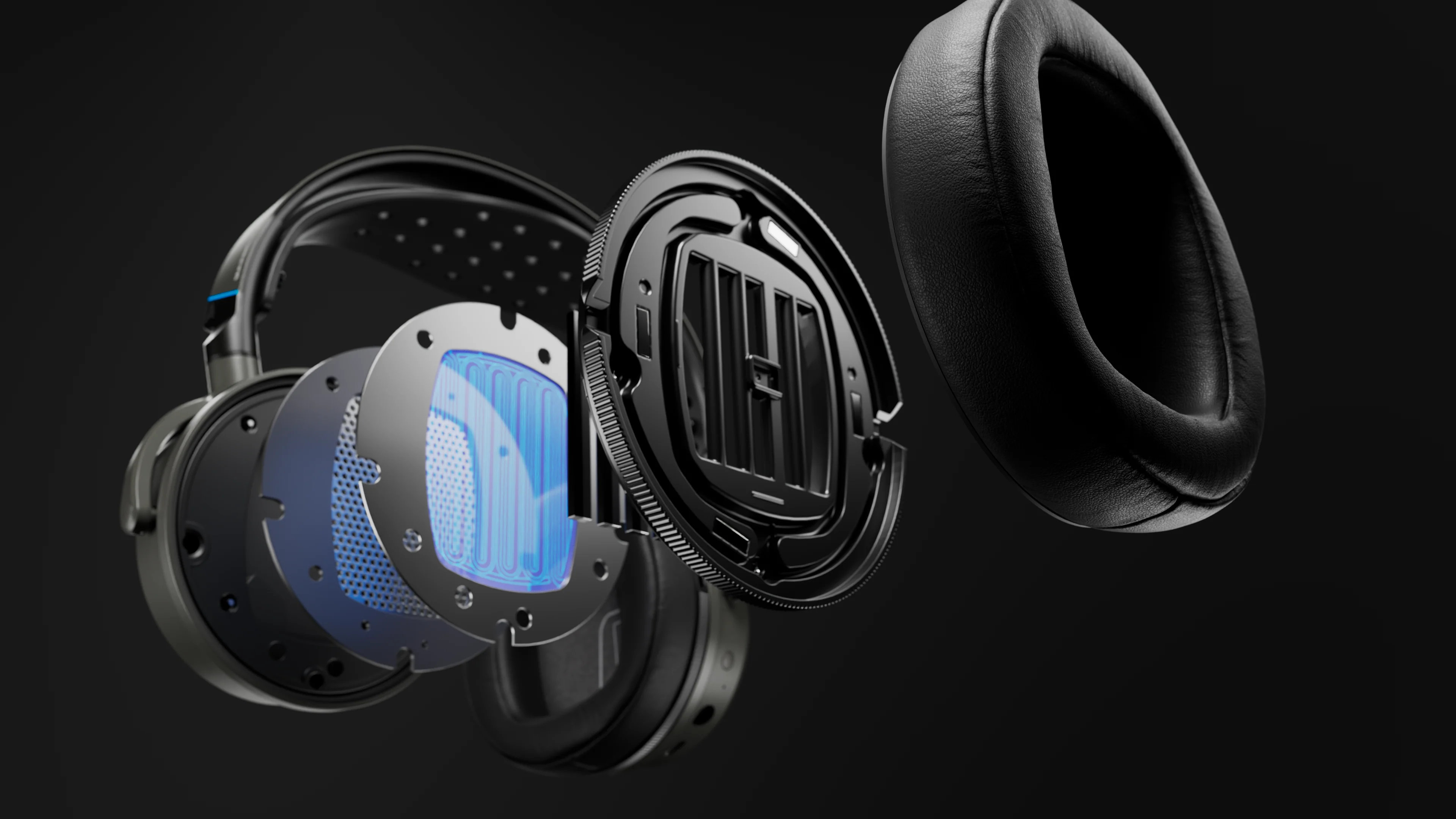 A rendered image showing an exploded view of the drivers in the Audeze Maxwell 2 gaming headset