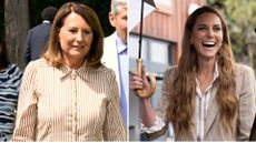 A picture of Carole Middleton at Wimbledon 2025 alongside a picture of Kate a few weeks before, with both of them wearing neutral striped pieces