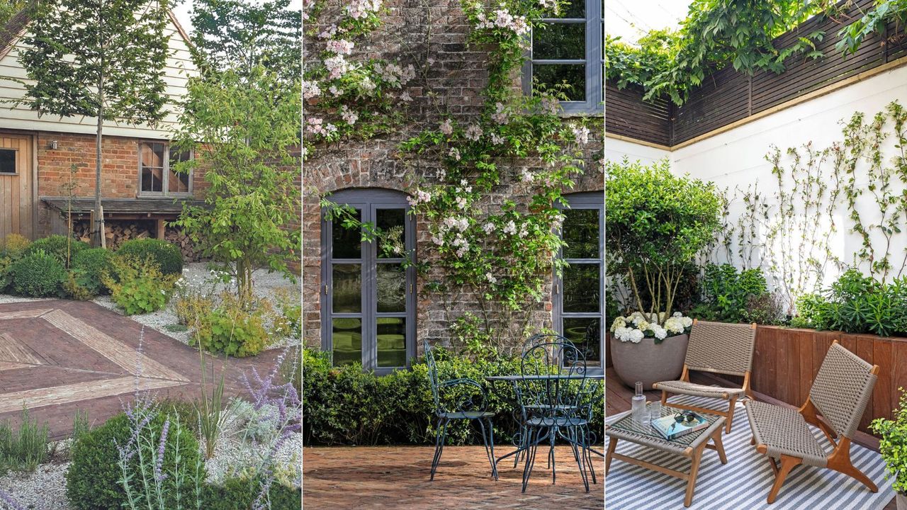 Three terraces, one with striped paving, one brick, one decked