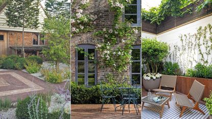 Three terraces, one with striped paving, one brick, one decked