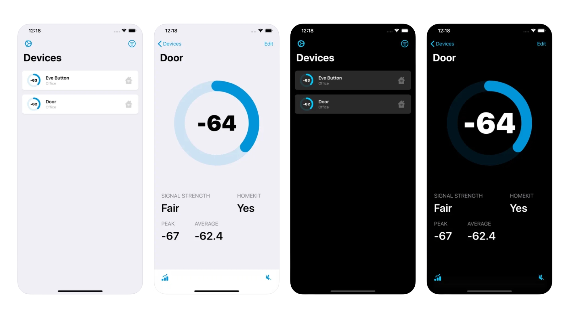 Four HomeScan for HomeKit iOS app screenshots.