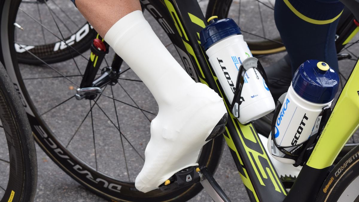 Orica-Scott had lycra overshoes on the wet stages, similar to those produced by VeloToze