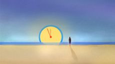 An illustration of a woman on a beach in the distance looking at an oversized clock disappearing over horizon. 