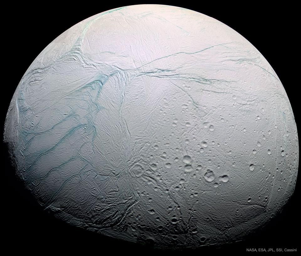 An up-close look at the &quot;tiger stripes&quot; on Saturn&#039;s moon Enceladus, which is thought to harbor a big ocean of liquid water beneath its icy surface.