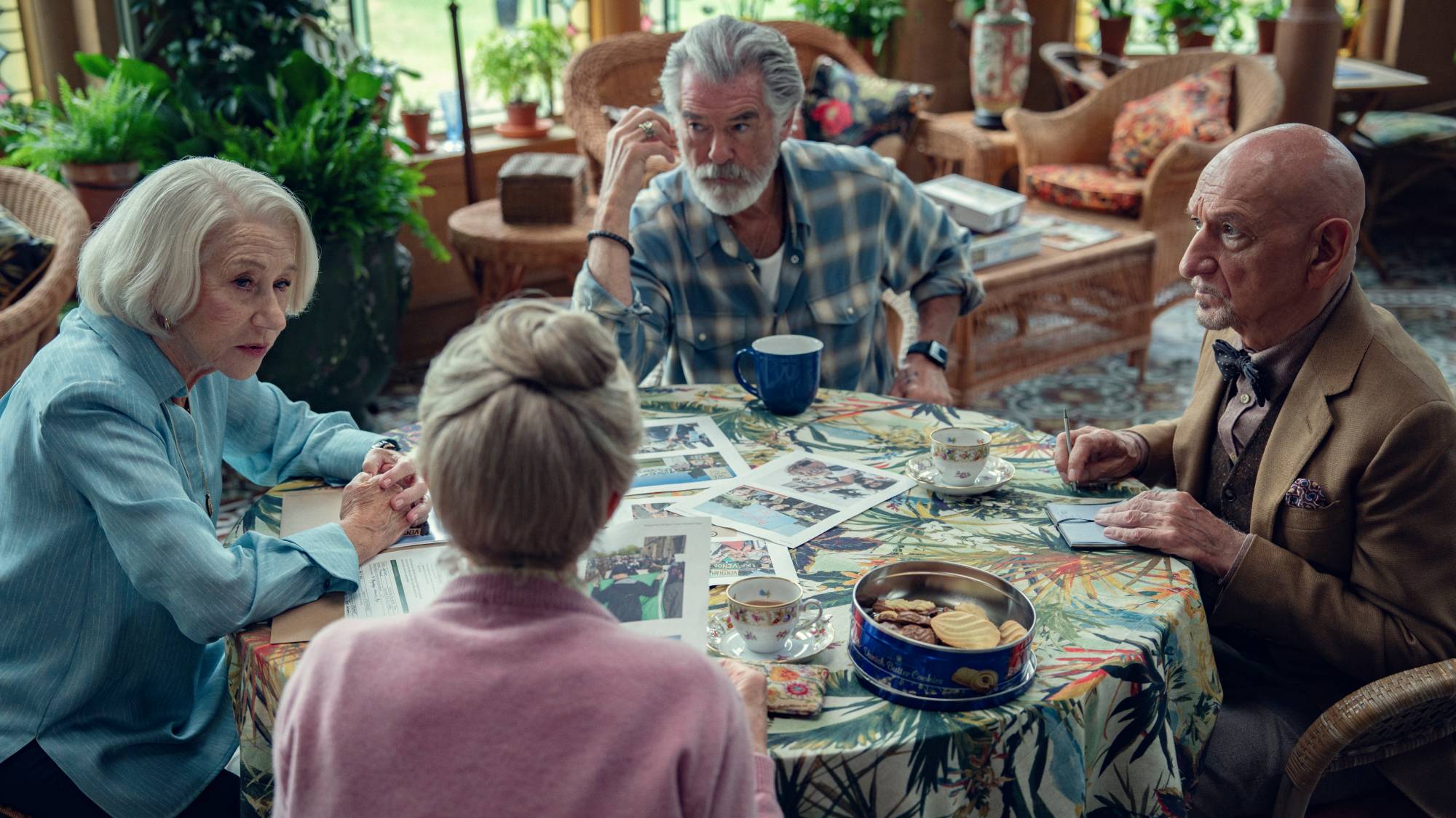 (L-R) Helen Mirren as Elizabeth Best, Pierce Brosnan as Ron Ritchie and Ben Kingsley as Ibrahim Arif in "The Thursday Murder Club"