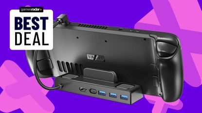 Back view of ivoler Steam Deck dock with GamesRadar+ purple backdrop