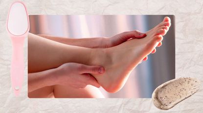 A woman's hand holding her foot, beside pictures of a pink foot file and scrub