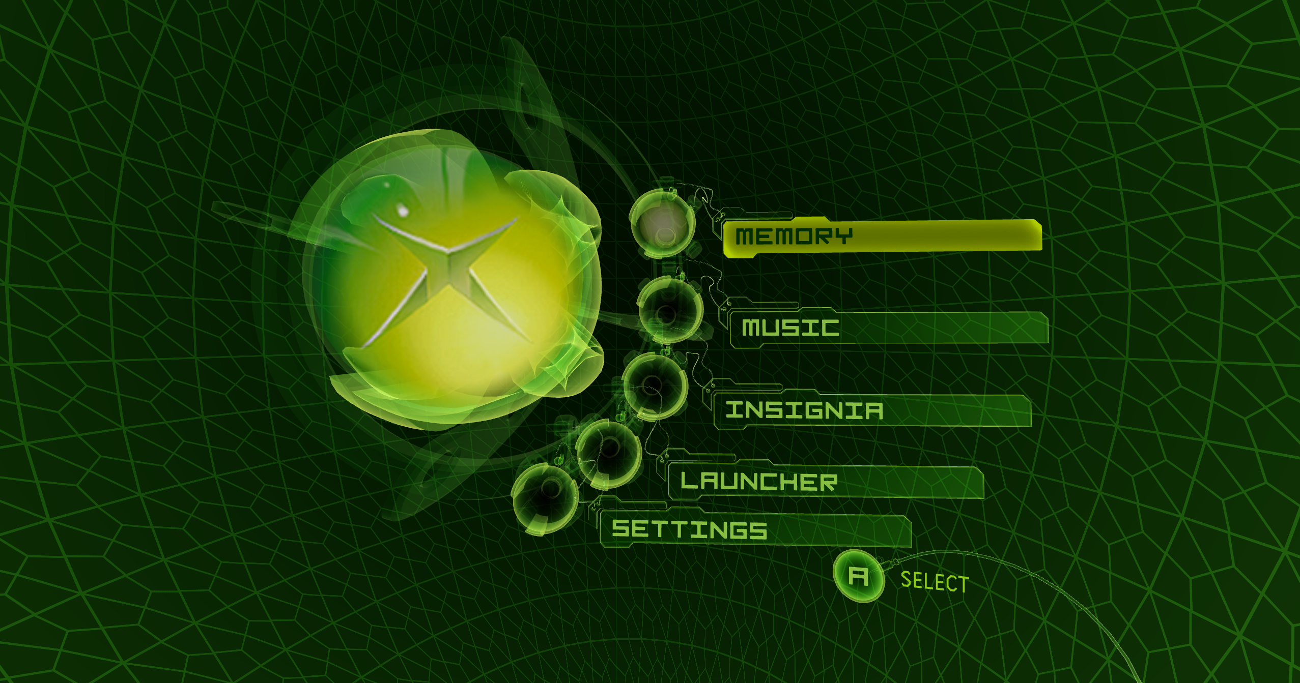 A green, futuristic interface displays options: Memory, Music, Insignia, Launcher, and Settings. One option is selected. A circular, glowing orb is on the left.