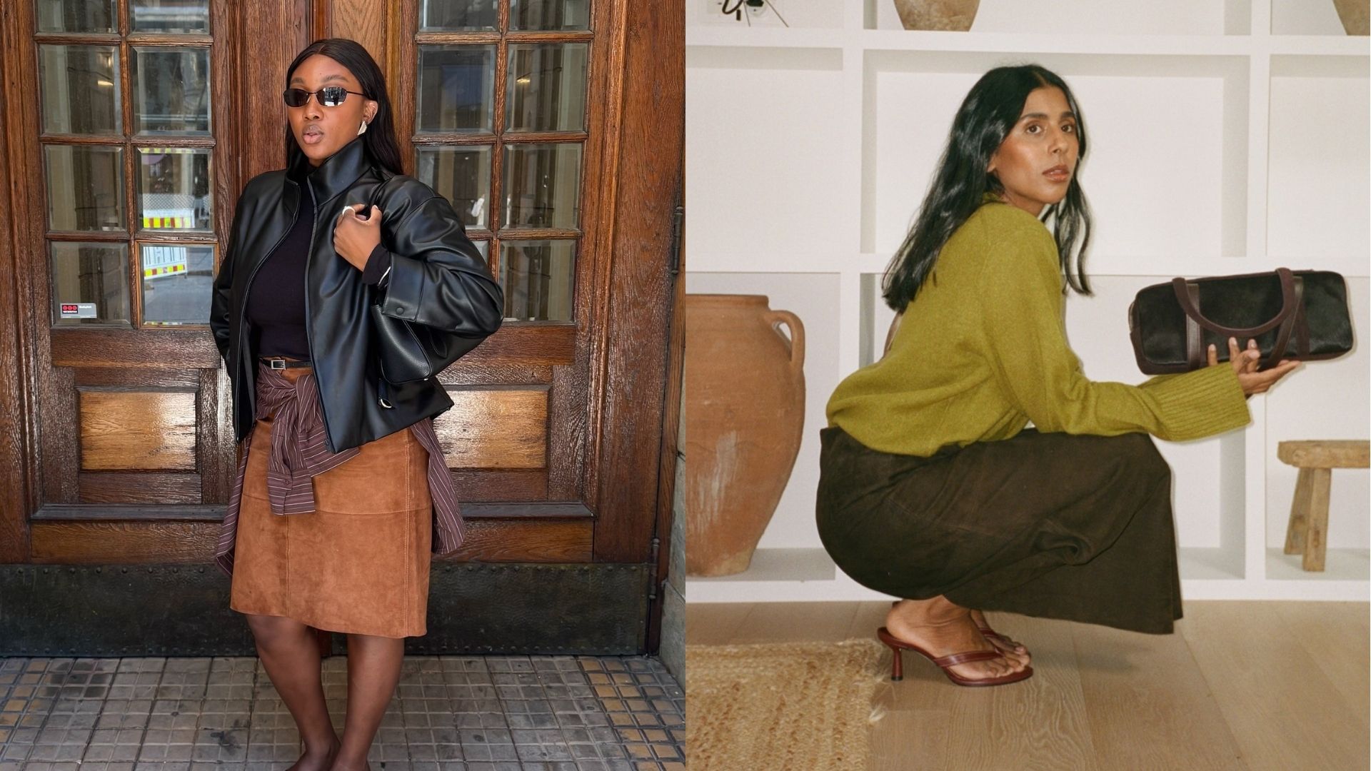 Collage of influencers wears brown suede skirt with leather jackets and knits.