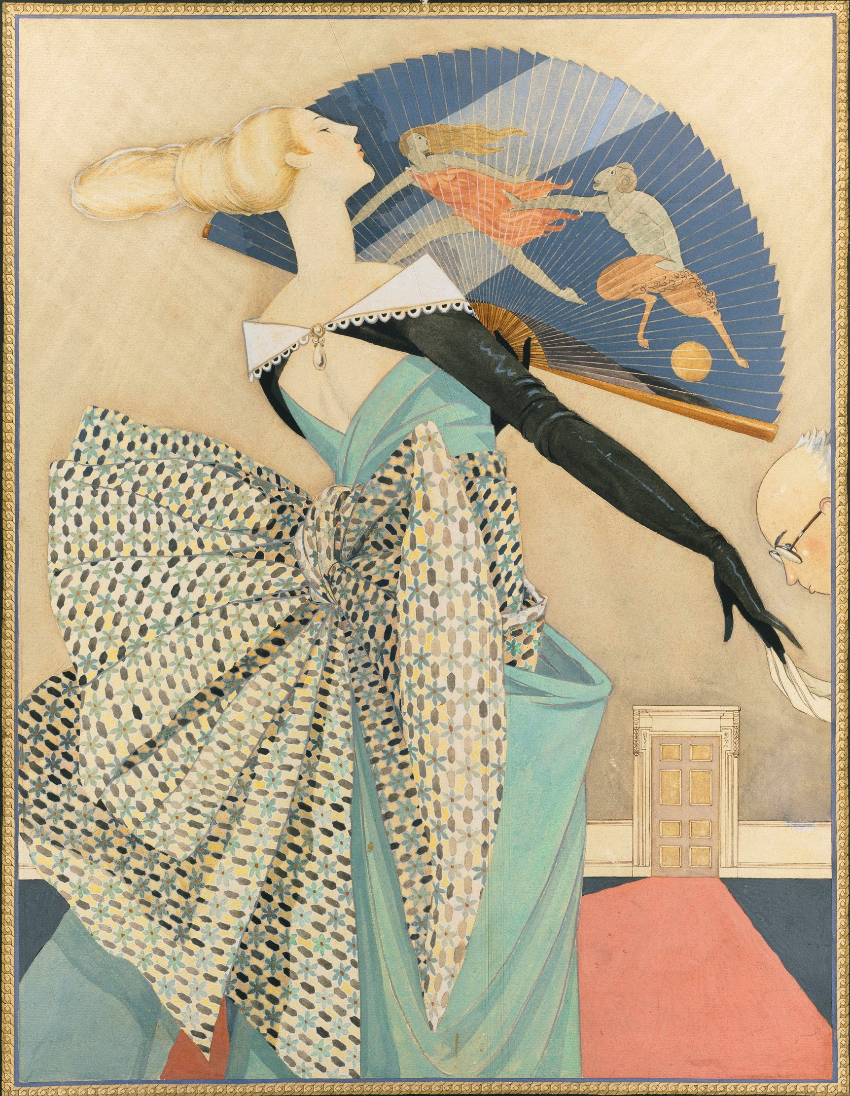An Art-Deco illustration of a woman with a huge fan