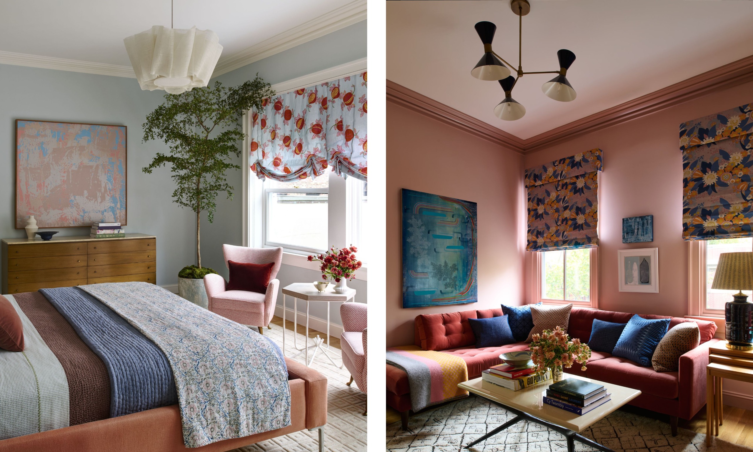 two shots next to each other of a pale blue bedroom and and a rose pink family den